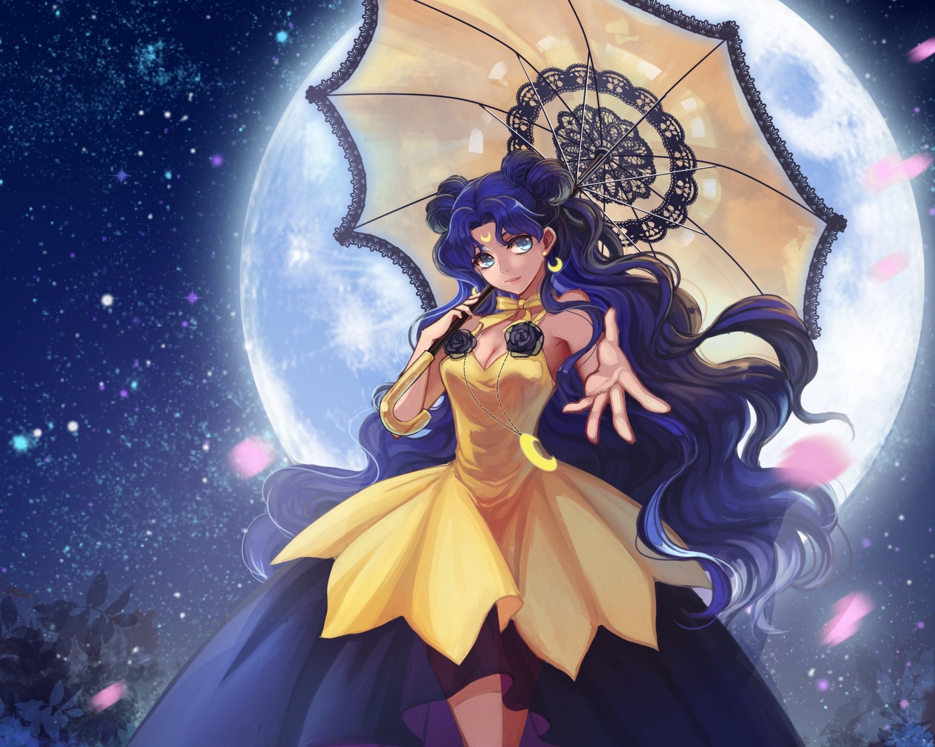 arte douyougen anime bishoujo senshi sailor moon luna chica paraguas noche pétalos cielo estrellas