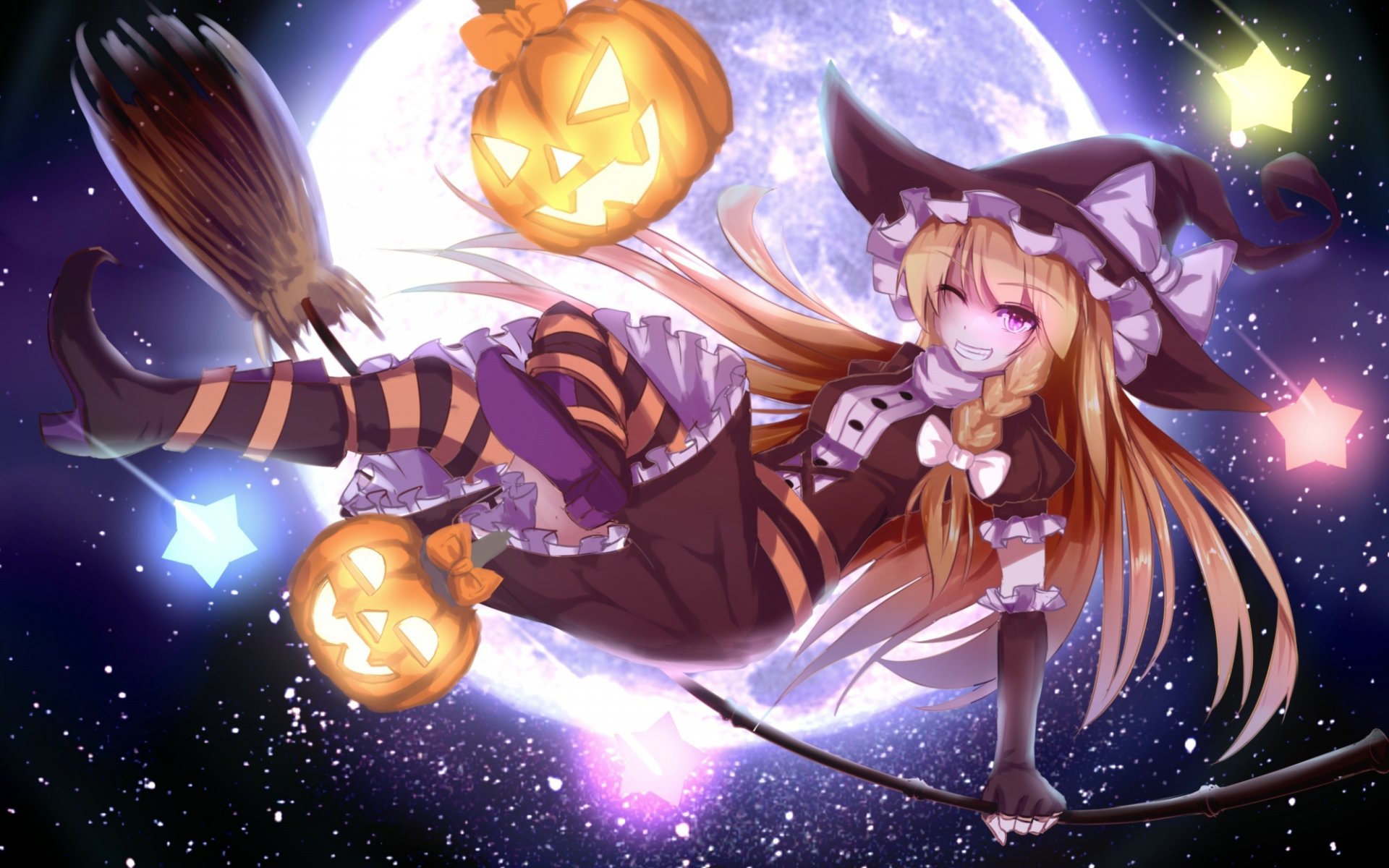 art halloween touhou kirisame marisa girl moon pumpkin holiday hat wink star sky anime