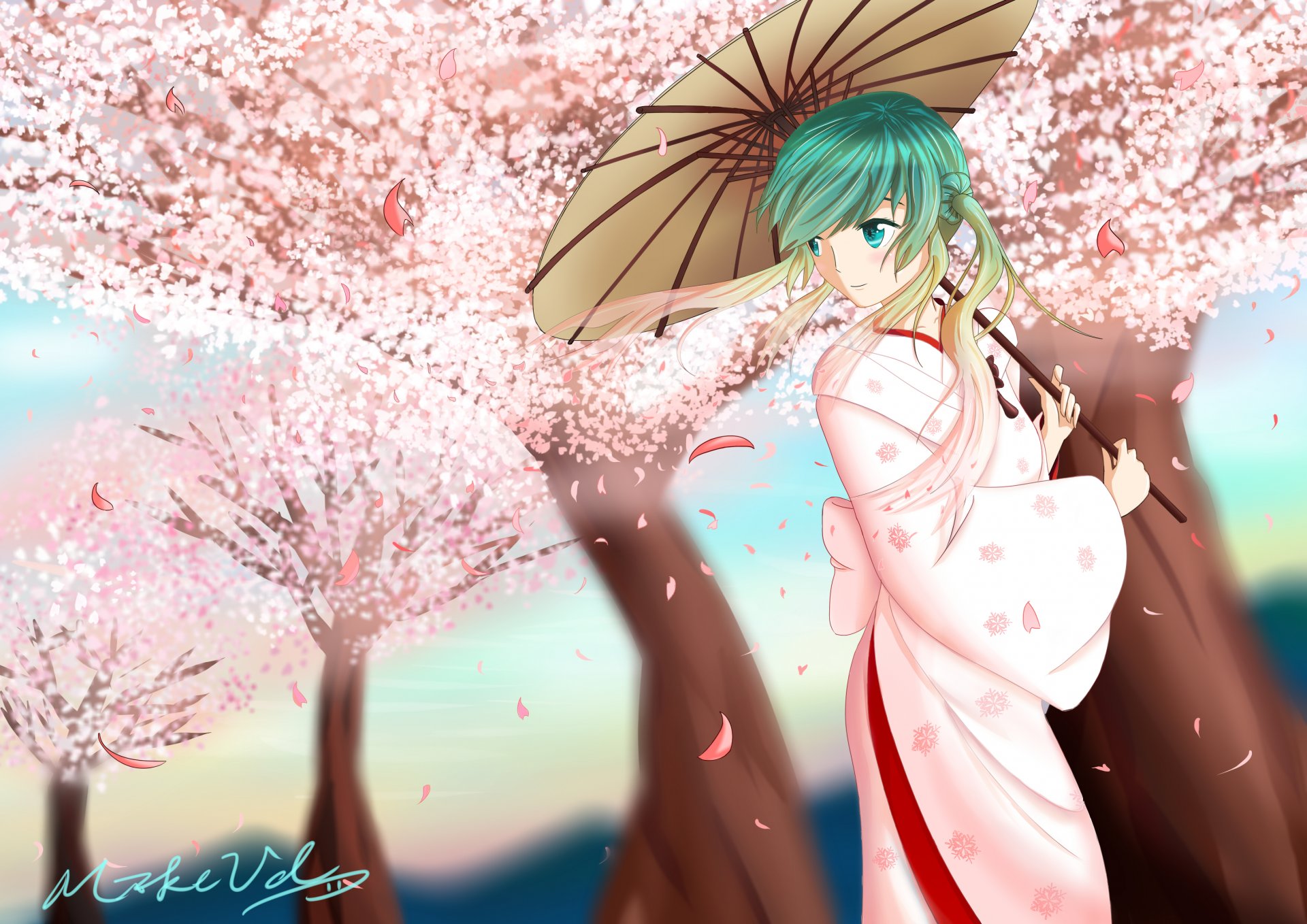 kunst vocaloid mädchen hatsune miku kimono regenschirm sakura vocaloid blütenblätter bäume