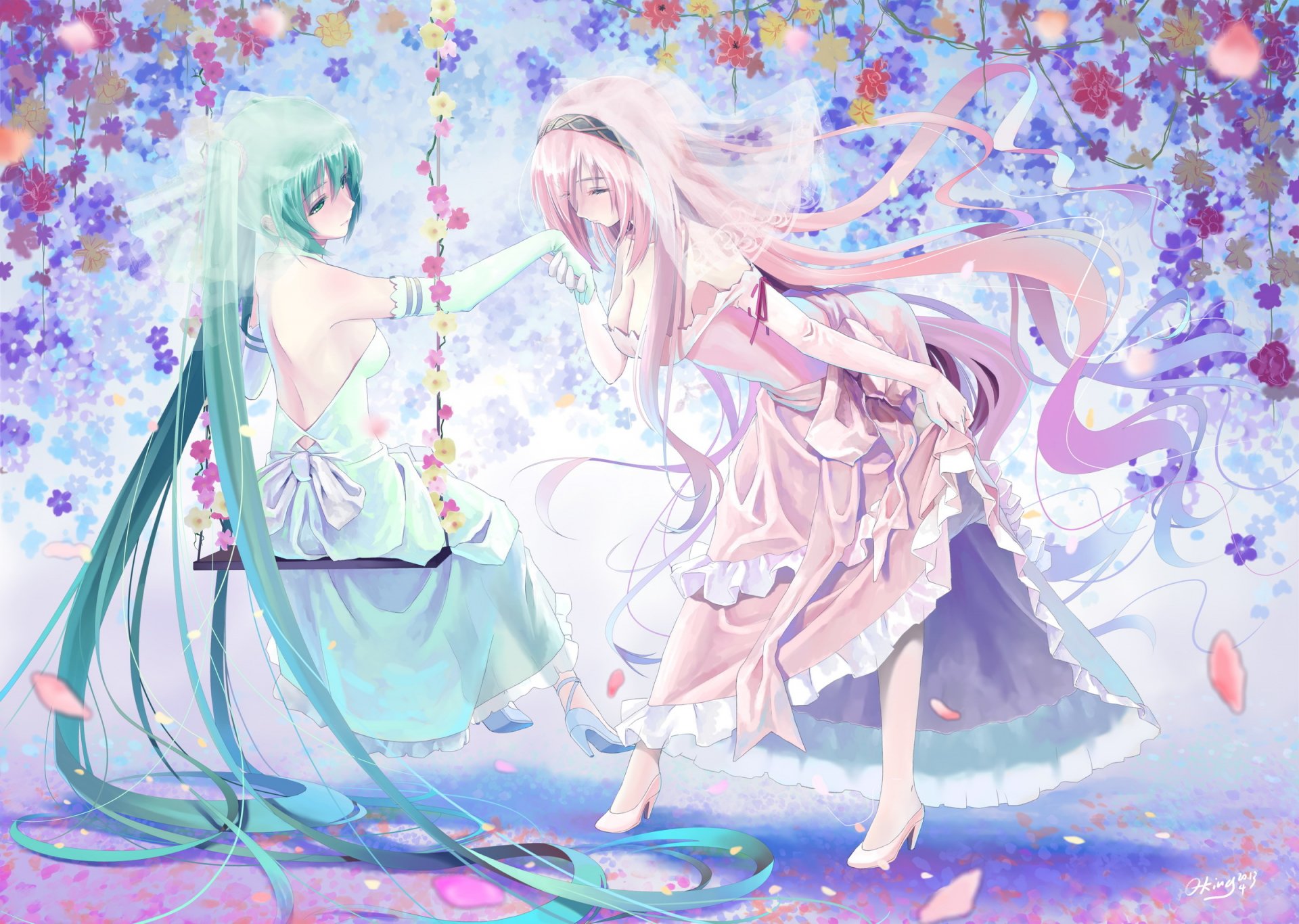 art okingjo filles hatsune miku megurine luka humeur sourire arc vocaloid vocaloid