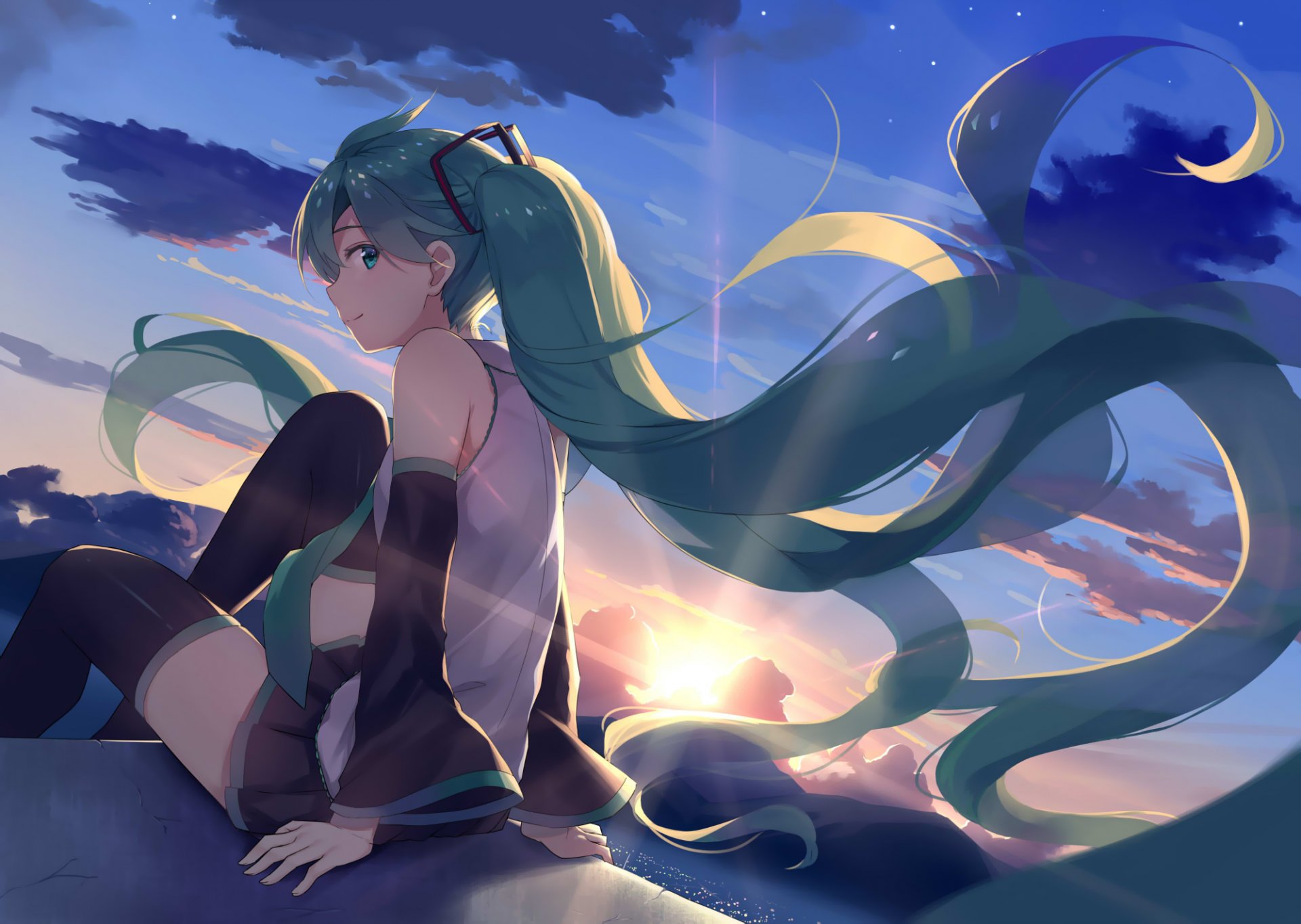 art alexmaster vocaloid hatsune miku fille sourire coucher de soleil ciel nuages anime