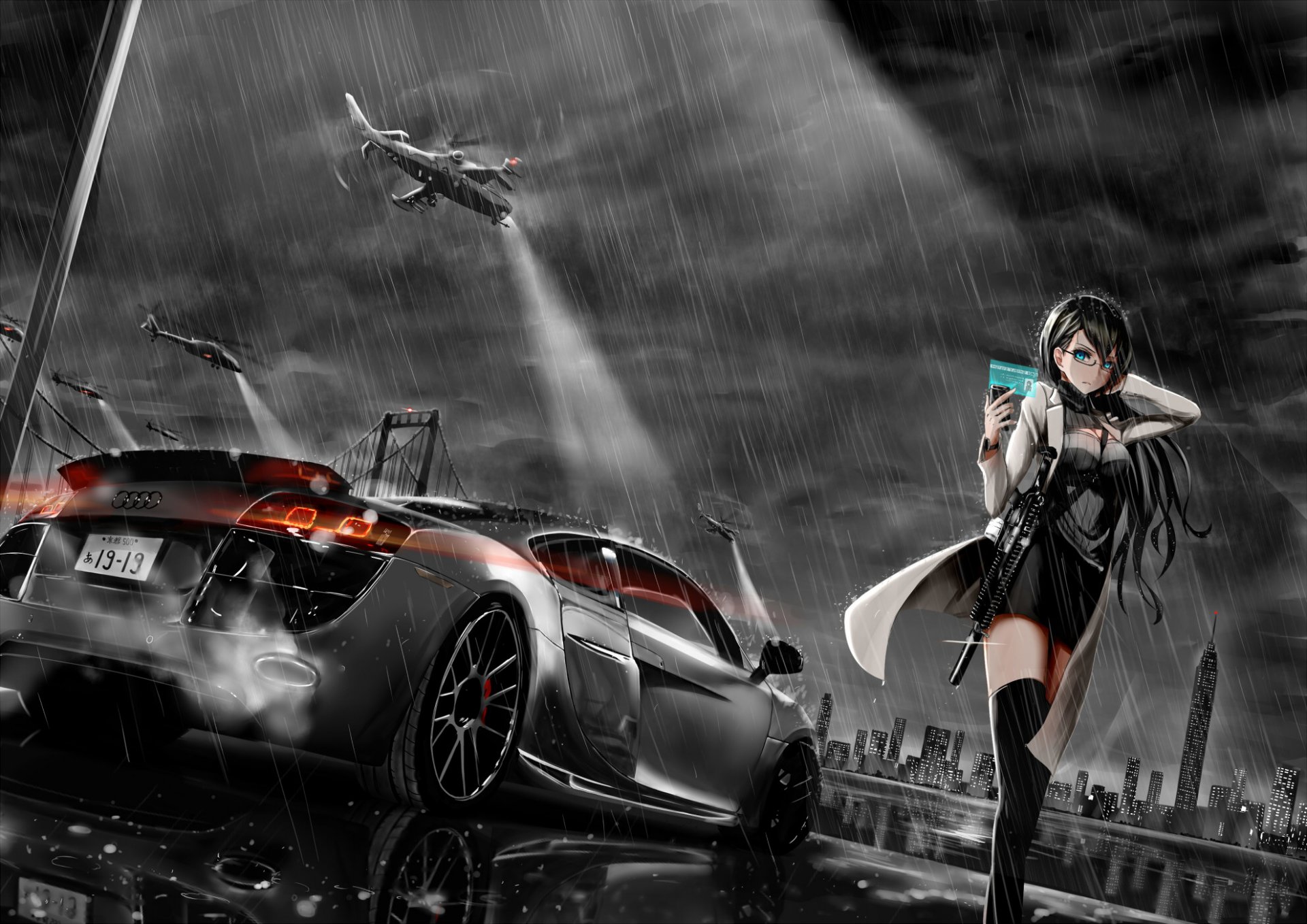 arte chica helicópteros lluvia teléfono coche audi cielo nubes anime