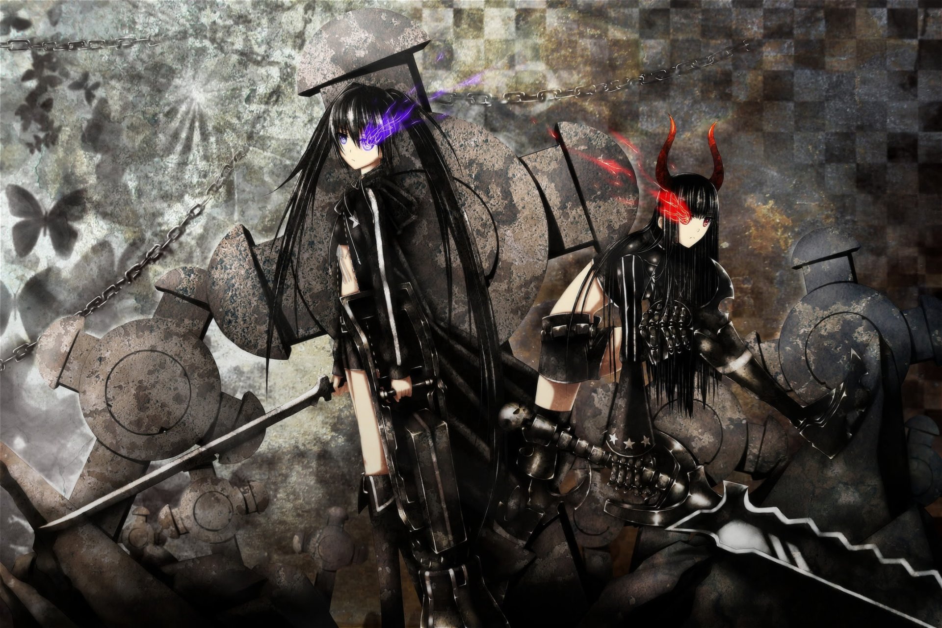 art swordsouls anime black rock shooter black rock shooter black gold saw mato kuroi dziewczyny rogi broń miecz