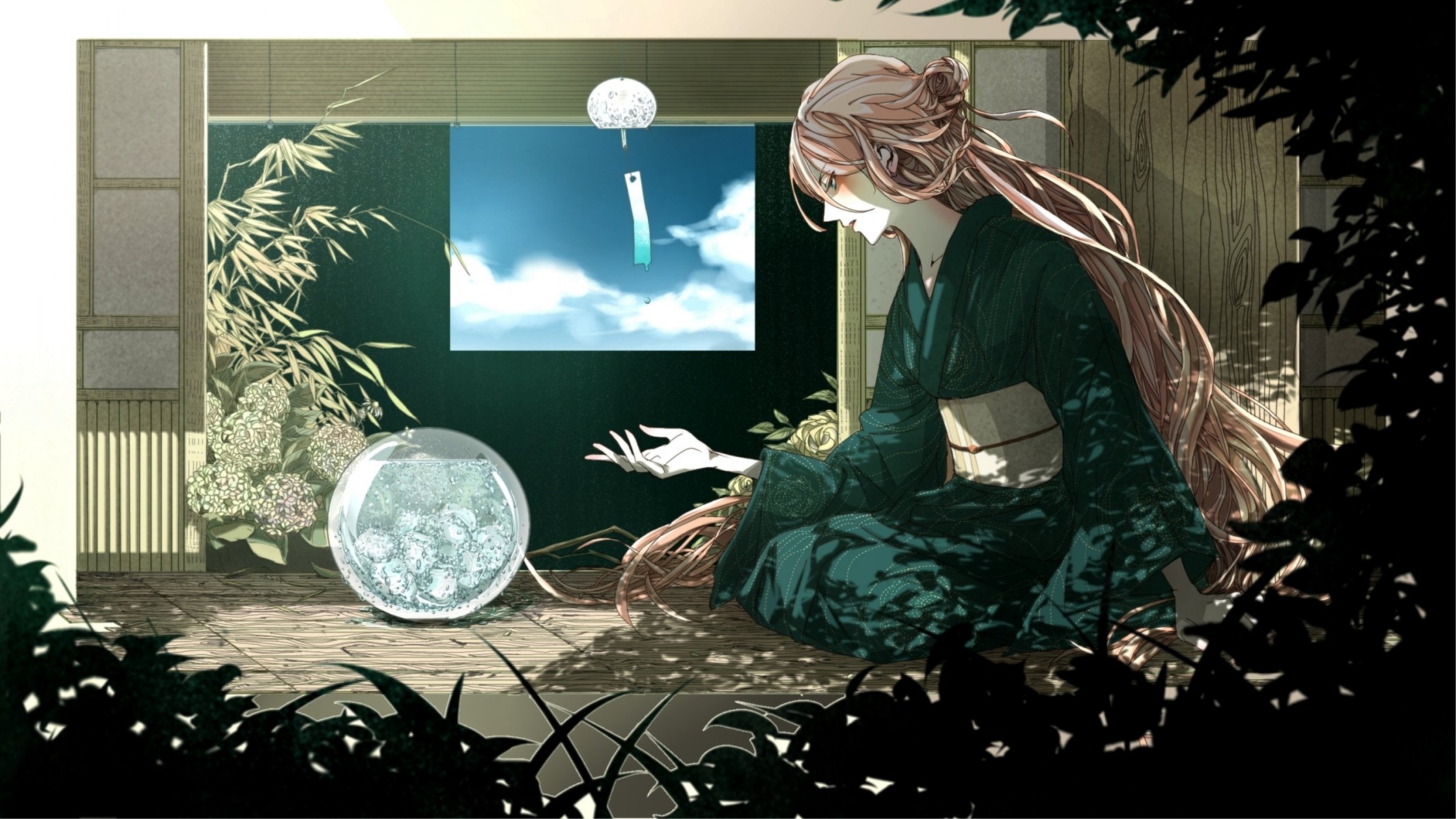 art rakeru fleedo vocaloid ia fille eau plantes ciel nuages vocaloid kimono maison