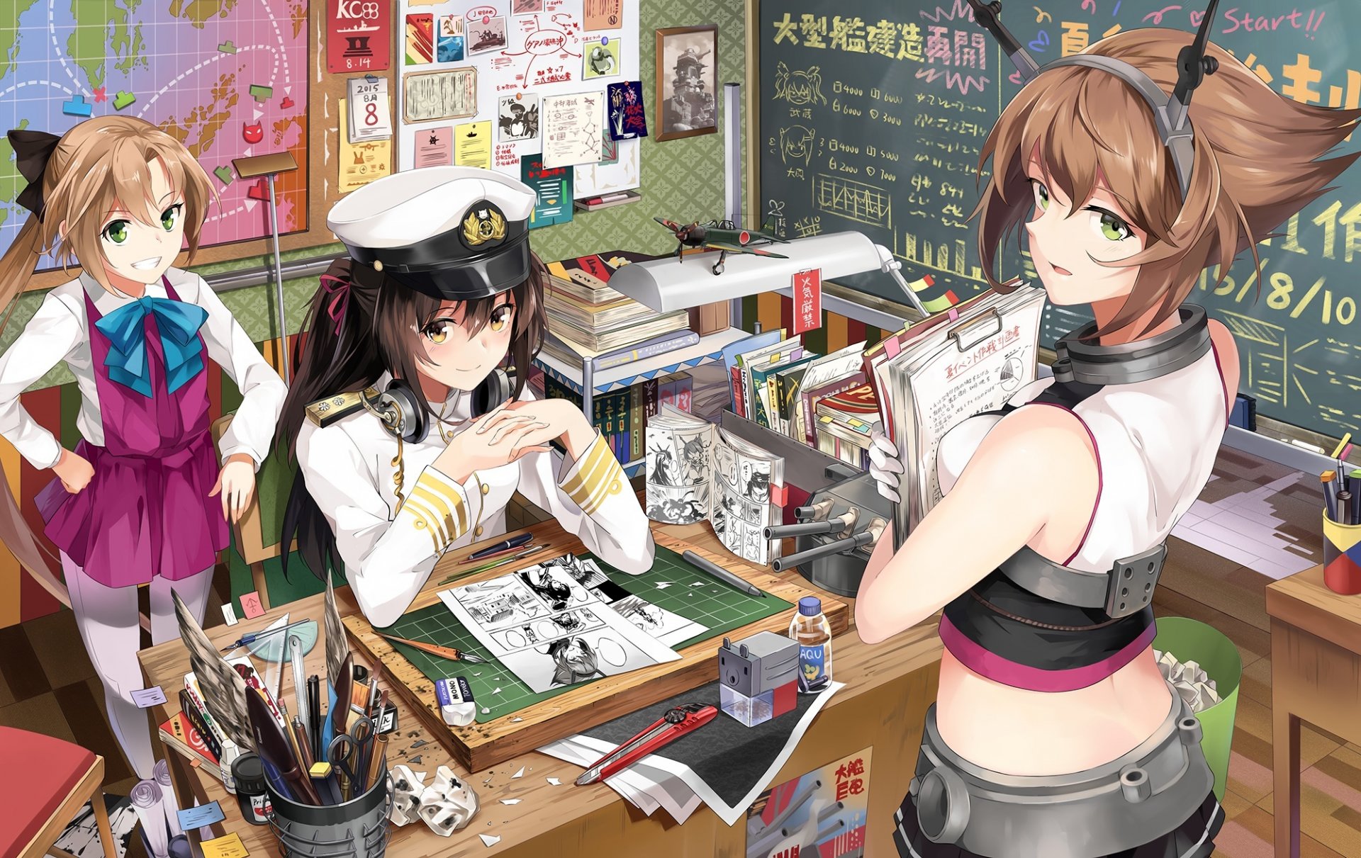 sztuka neko yanshoujie kantai collection admirał akigumo mutsu dziewczyny czapka uśmiech tablica arkusze anime