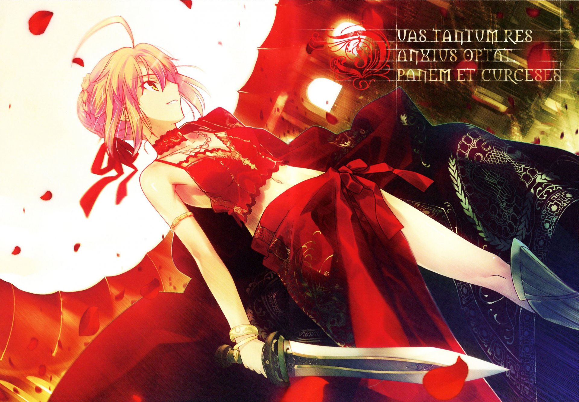 takeuchi takashi art fate / extra fate / stay night sabre sabre extra fille robe poignards pétales sourire lettrage