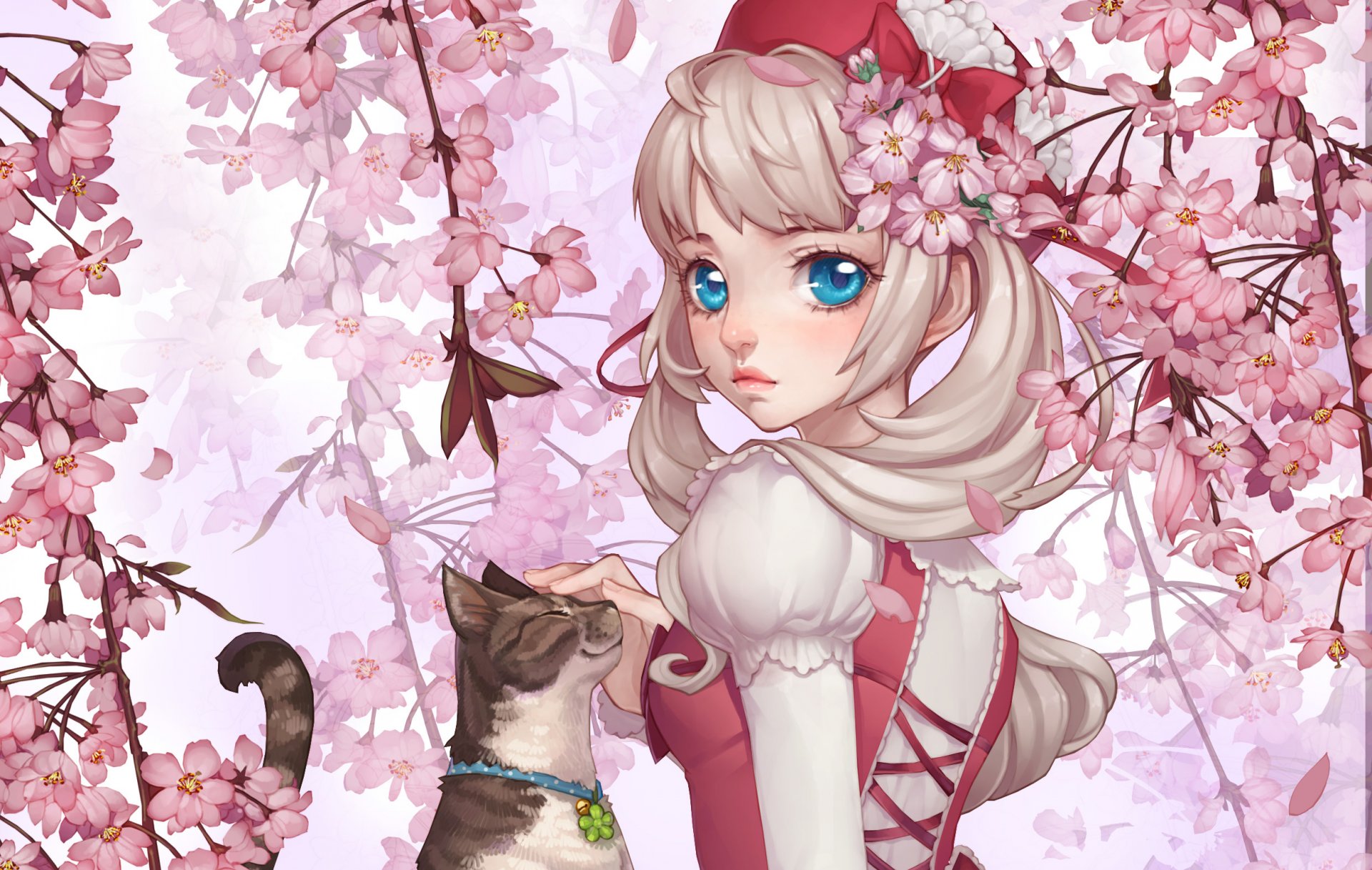 arte dong xiao ragazza gatto collare campana fiori sakura arco