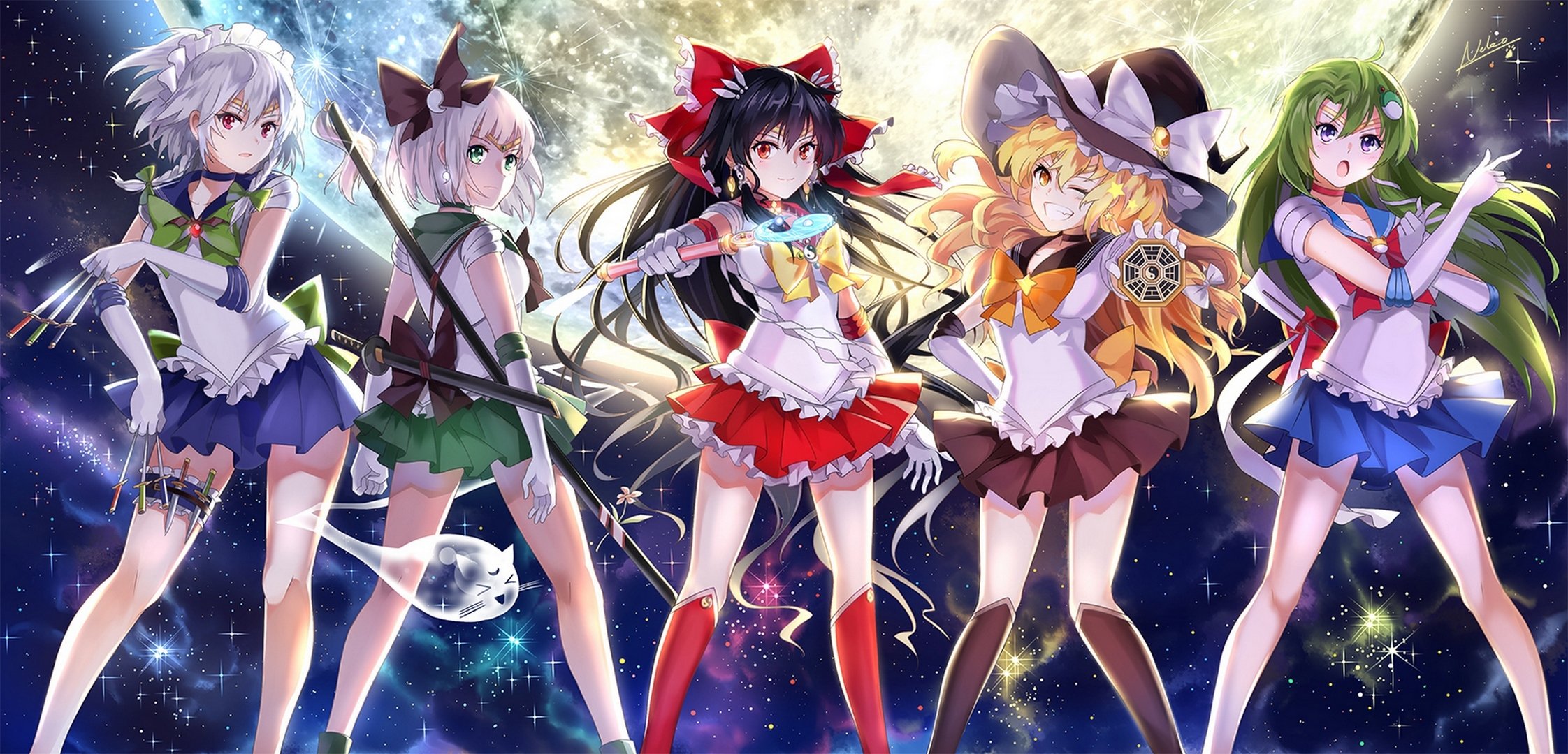 art neko yanshoujie sailor moon touhou hakurei reimu izayoi sakuya kirisame marisa kochiya sanae konpaku youmu myon girls weapon knives pigtails moon night sky hat rod anime