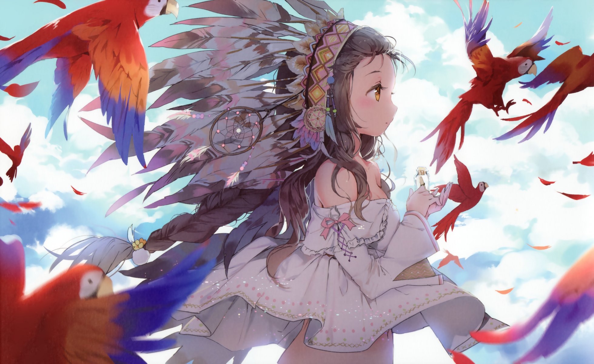 art anmi girl parrots feathers sky clouds bottle anime