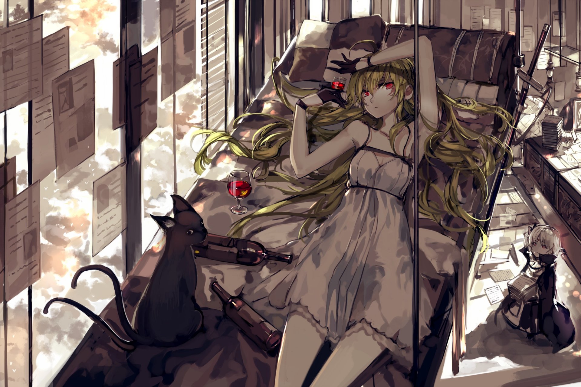 art saberiii pixiv fantasia armeechef girl is view red eyes chibi weapon sword dress cat of the bottle glass wine sofa paper window furnishing