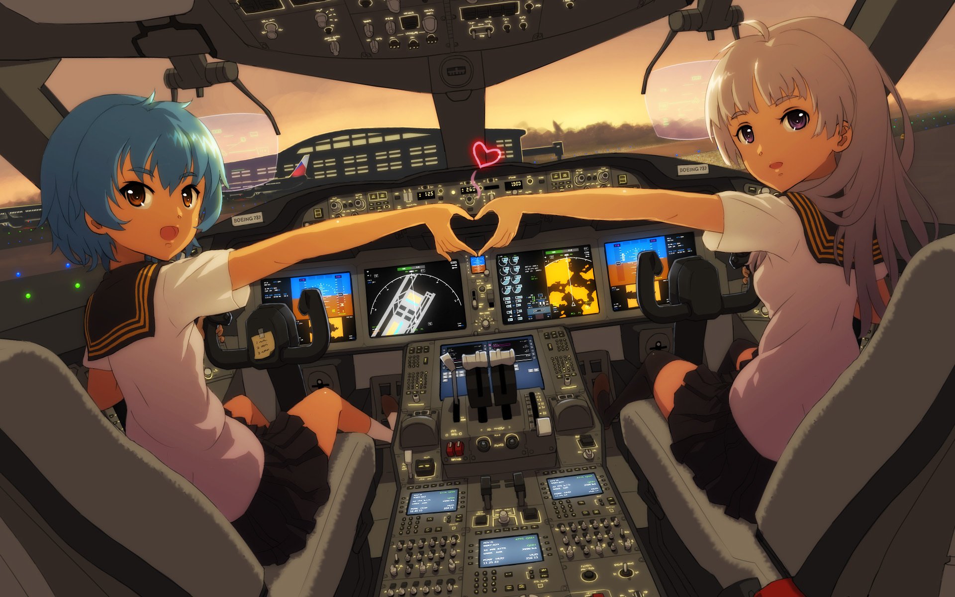 arte ericsakura chicas avión cabina botones corazón puesta de sol anime cielo