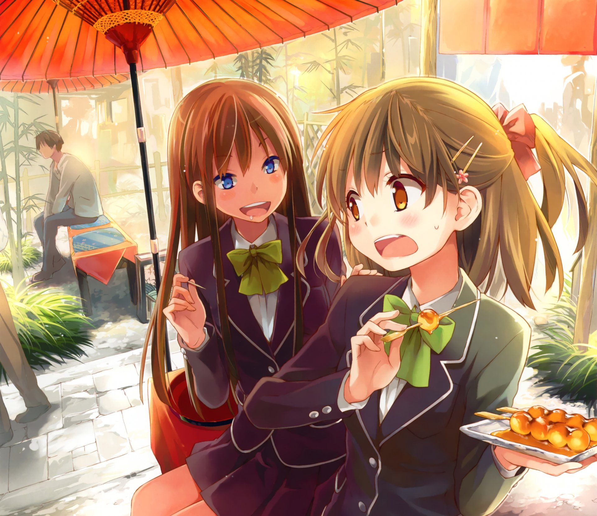 art eretto girls umbrella food schoolgirl sitting anime