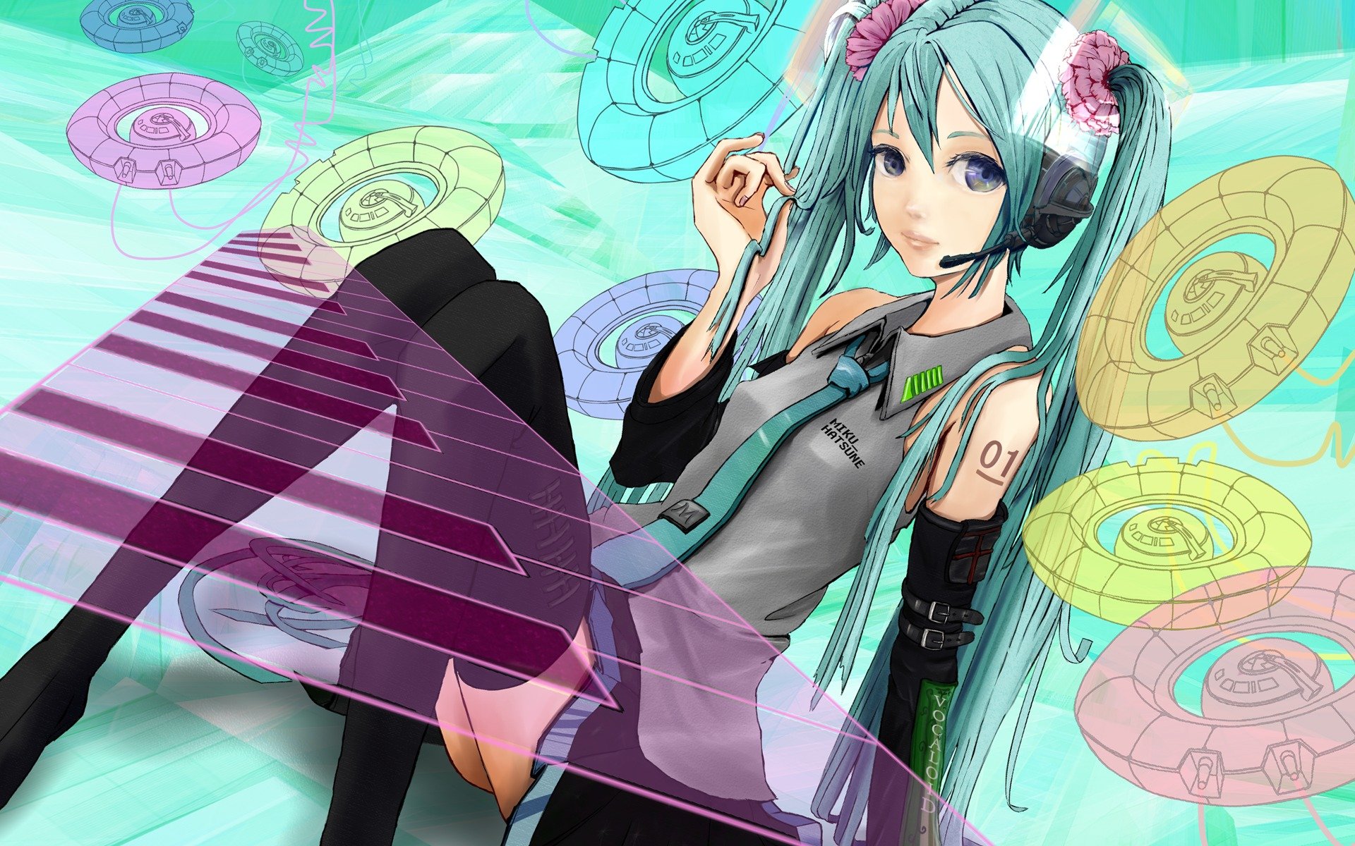 arte satélite vocaloid hatsune miku chica mirada sentado auriculares