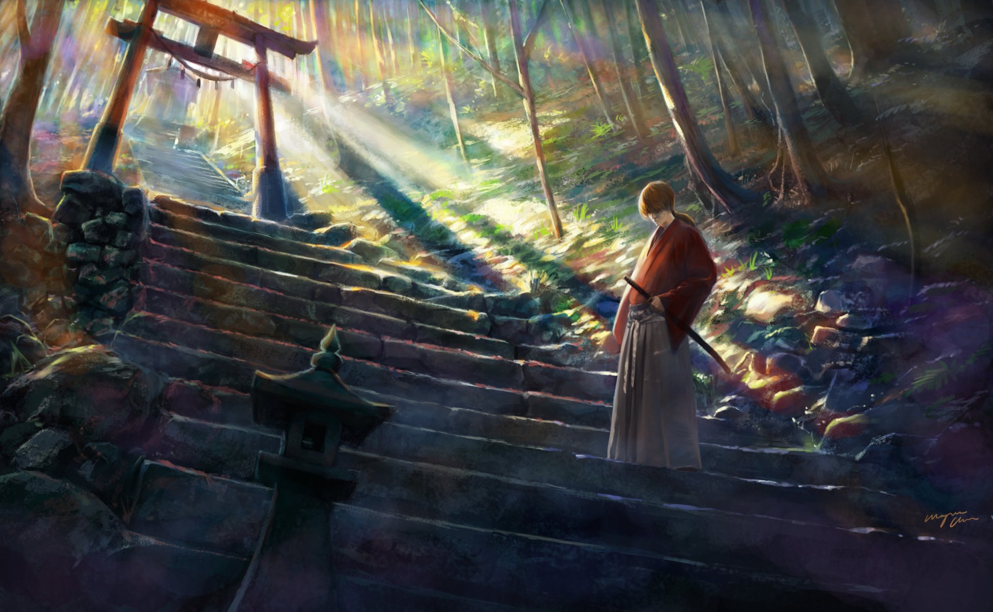 art shitub52 anime rurouni kenshin himura kenshin vagabond kenshin samurai katana weapon nature tree stair