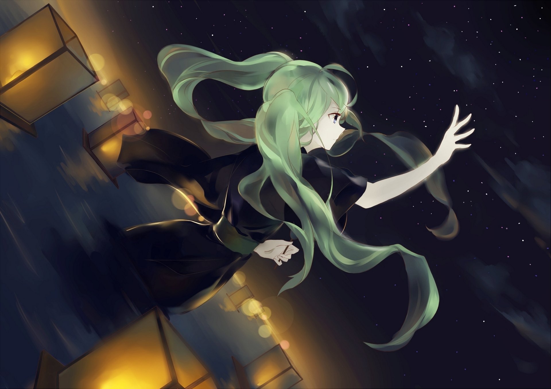 vocaloid art hatsune miku girl vocaloid night sky stars lanterns kimono