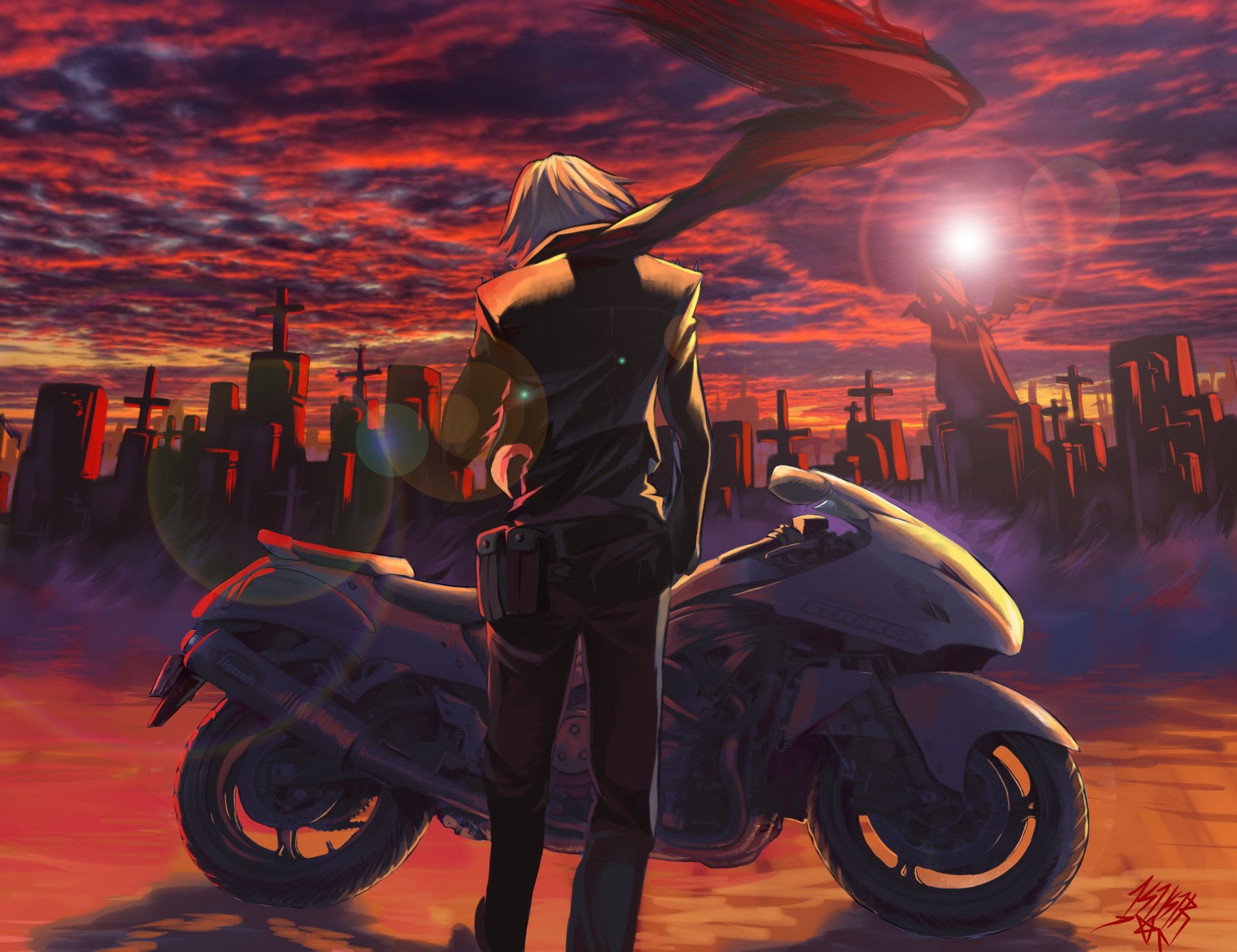 art kikira guy bike scarf sunset sun sky clouds cross cemetery anime