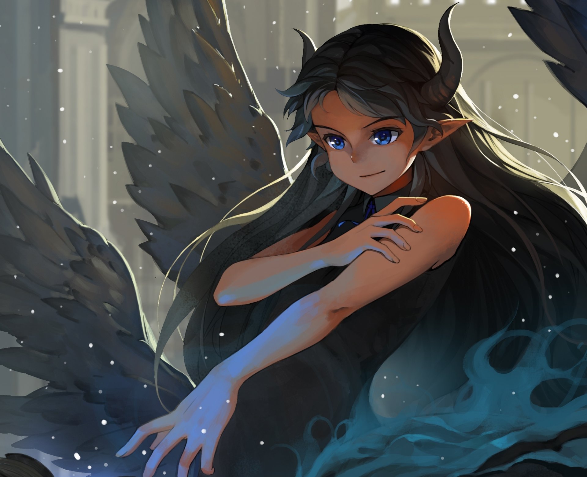 arte pixiv fantasia ragazza corna ali magia