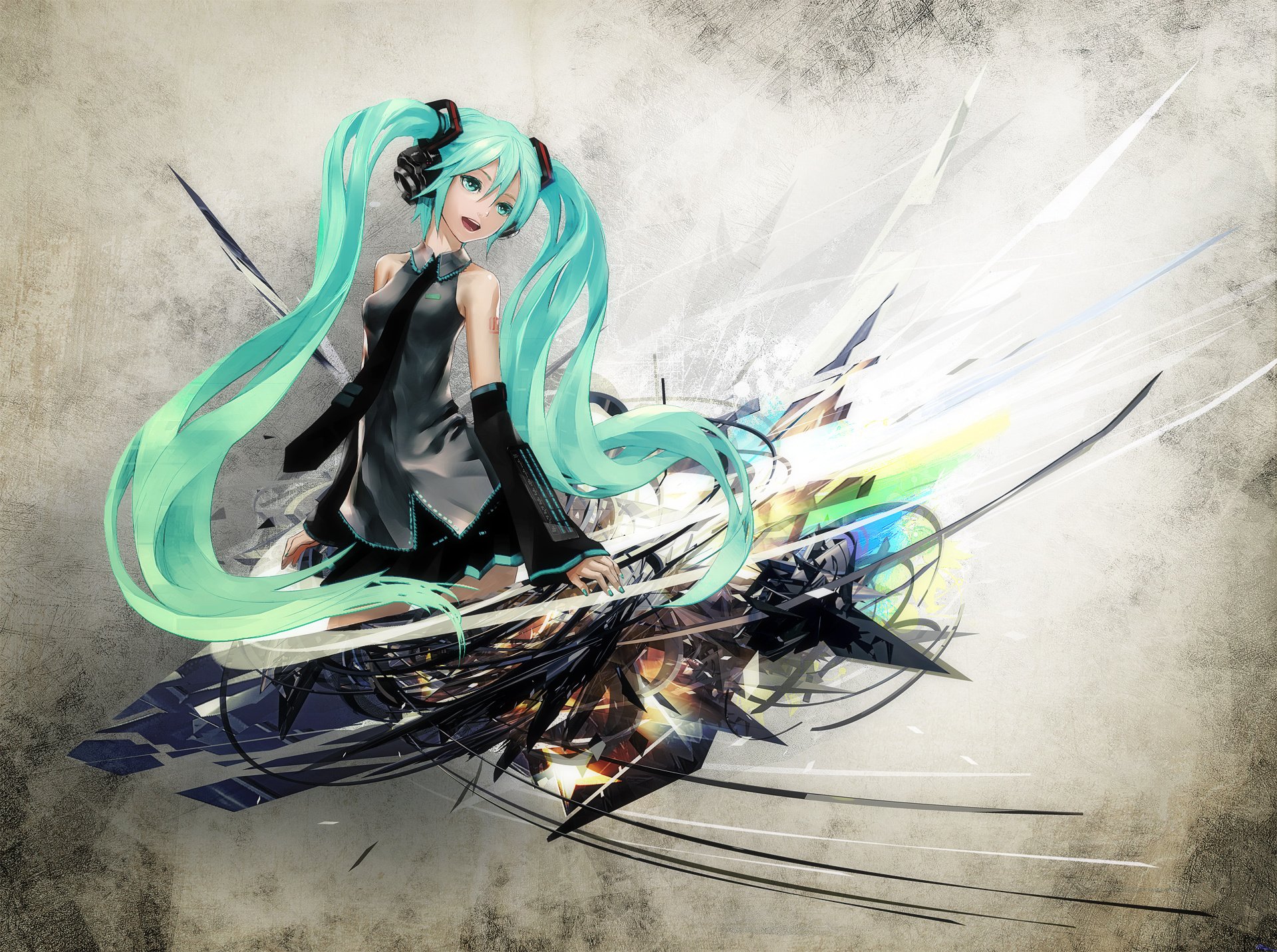 sztuka redjuice vocaloid hatsune miku hatsune miku dziewczyna słuchawki długie włosy niebieskie włosy niebieskie oczy