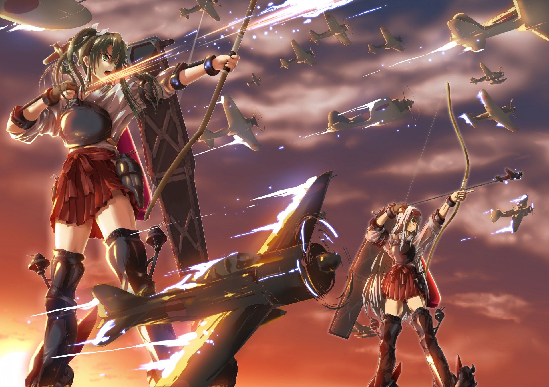 art akamiho anime kantai collection shoukaku zuikaku girl torment boom weapon sunset planes sky cloud