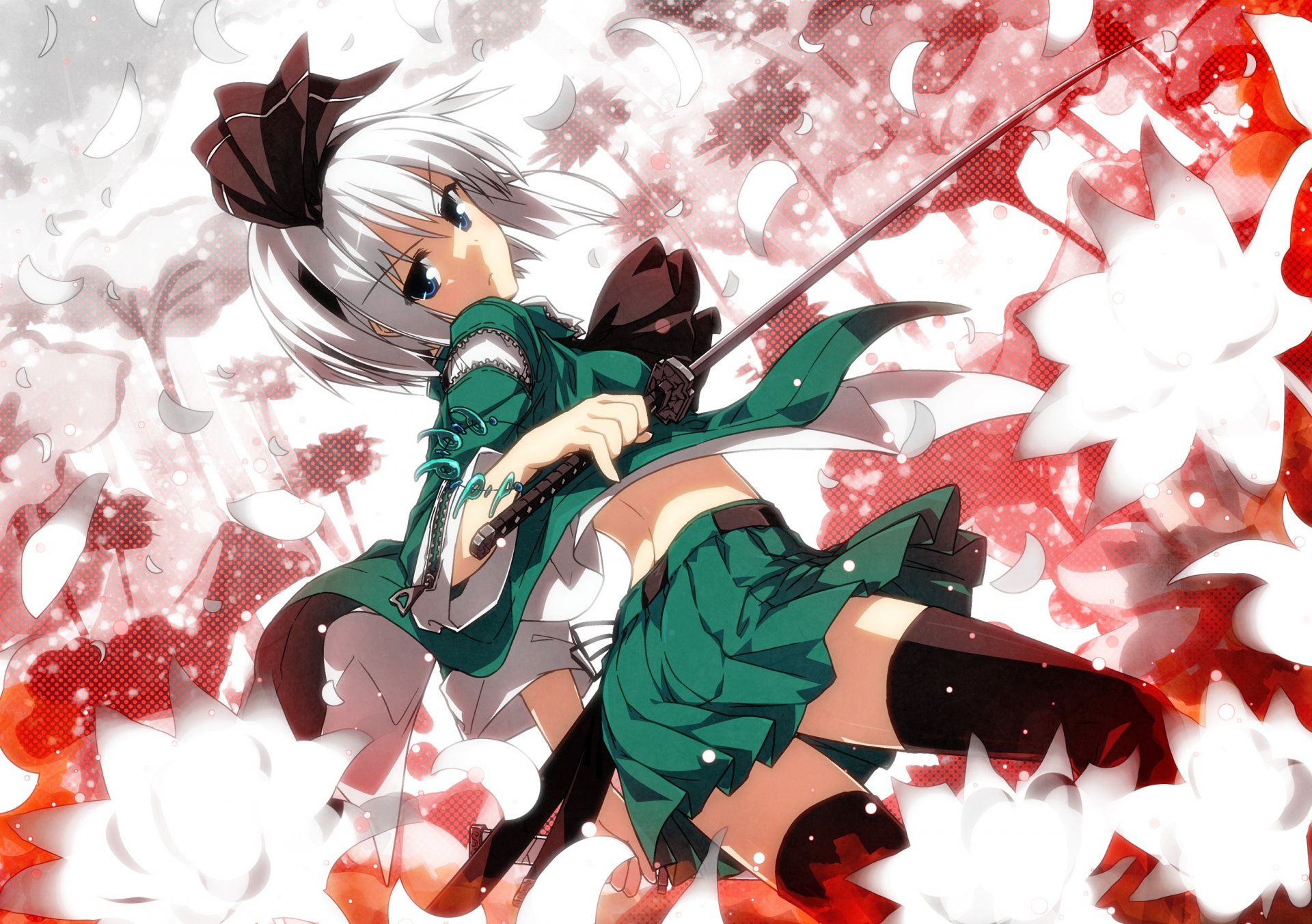 art sazanami kompaku touhou toho fille katana arme épée jambes bas jupe courte cheveux courts pétales