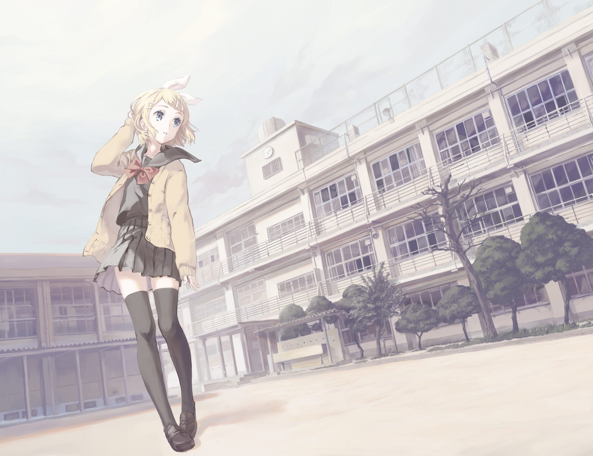 ragazza kagamine rin studentessa scuola cortile vento vocaloid vocaloid