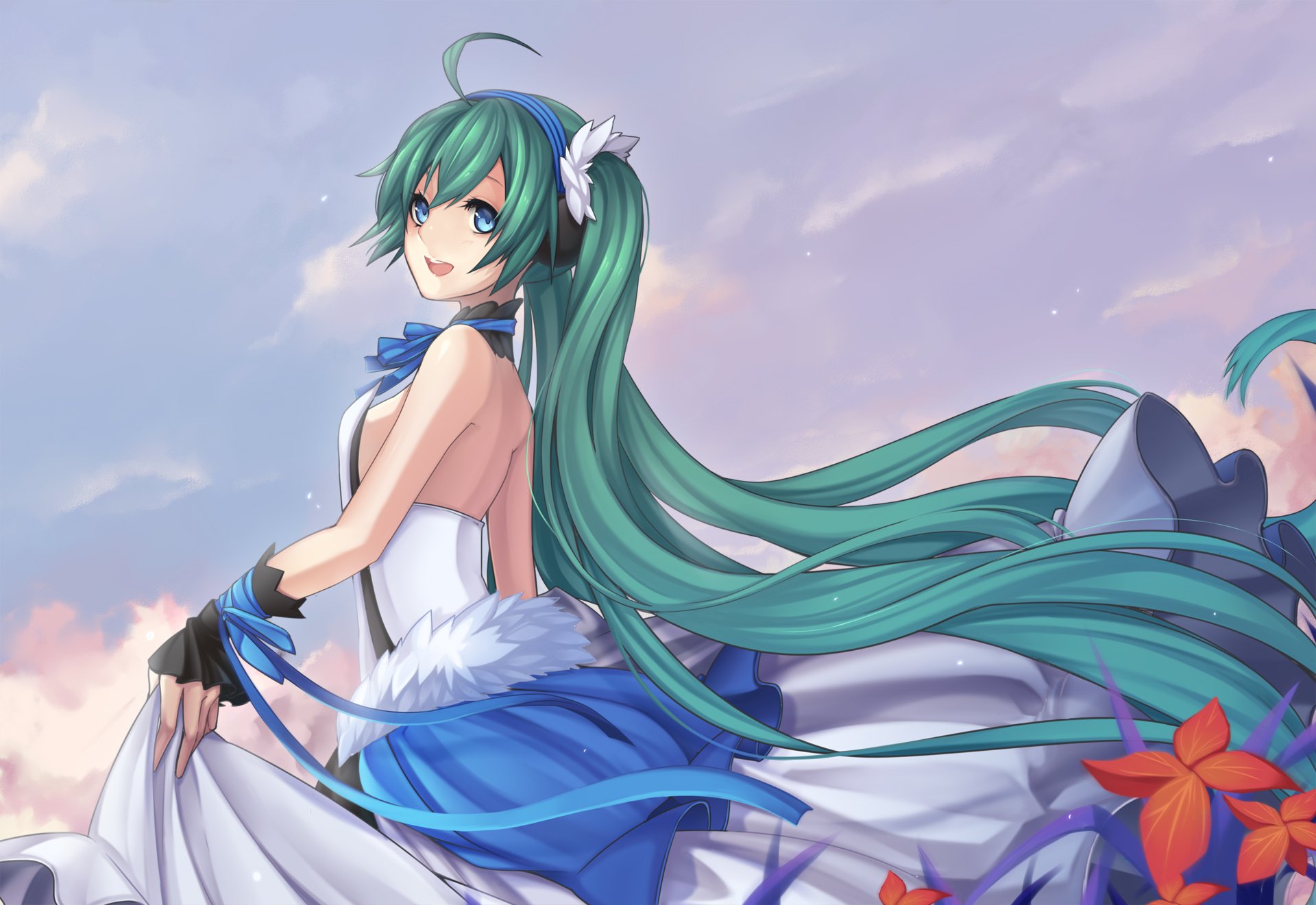 art kaka cheung fille hatsune miku regard joie robe fleurs vocaloid vocaloid 7 dragon 7 dragon