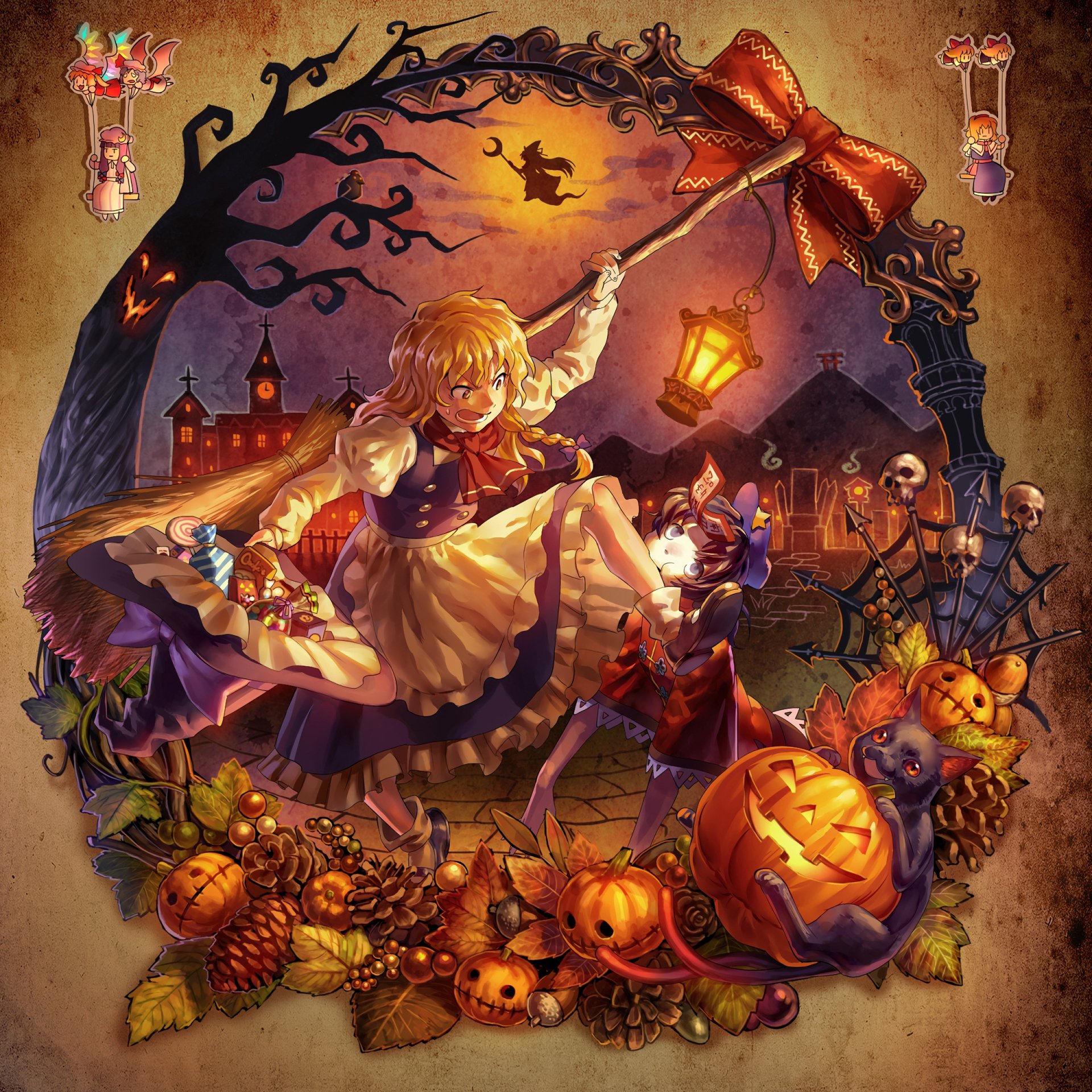 anime spiel kunst mädchen om carbohydratism shanghai remilia scharlachrot patchouli wissen miyako yoshika kirisame marisa flandern scarlet alice margatroyd touhou halloween gehobene