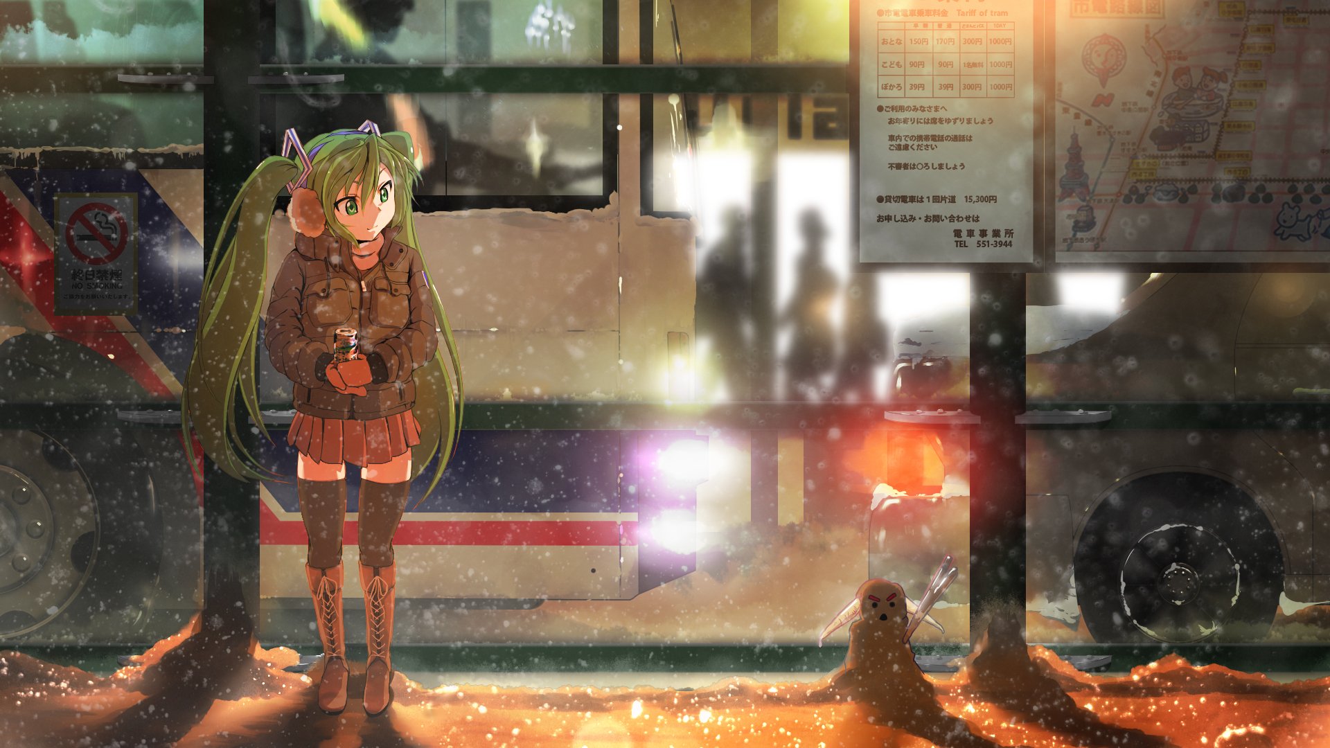 hatsune miku vocaloid girl snow winter stop bus night lights card drink snowman being