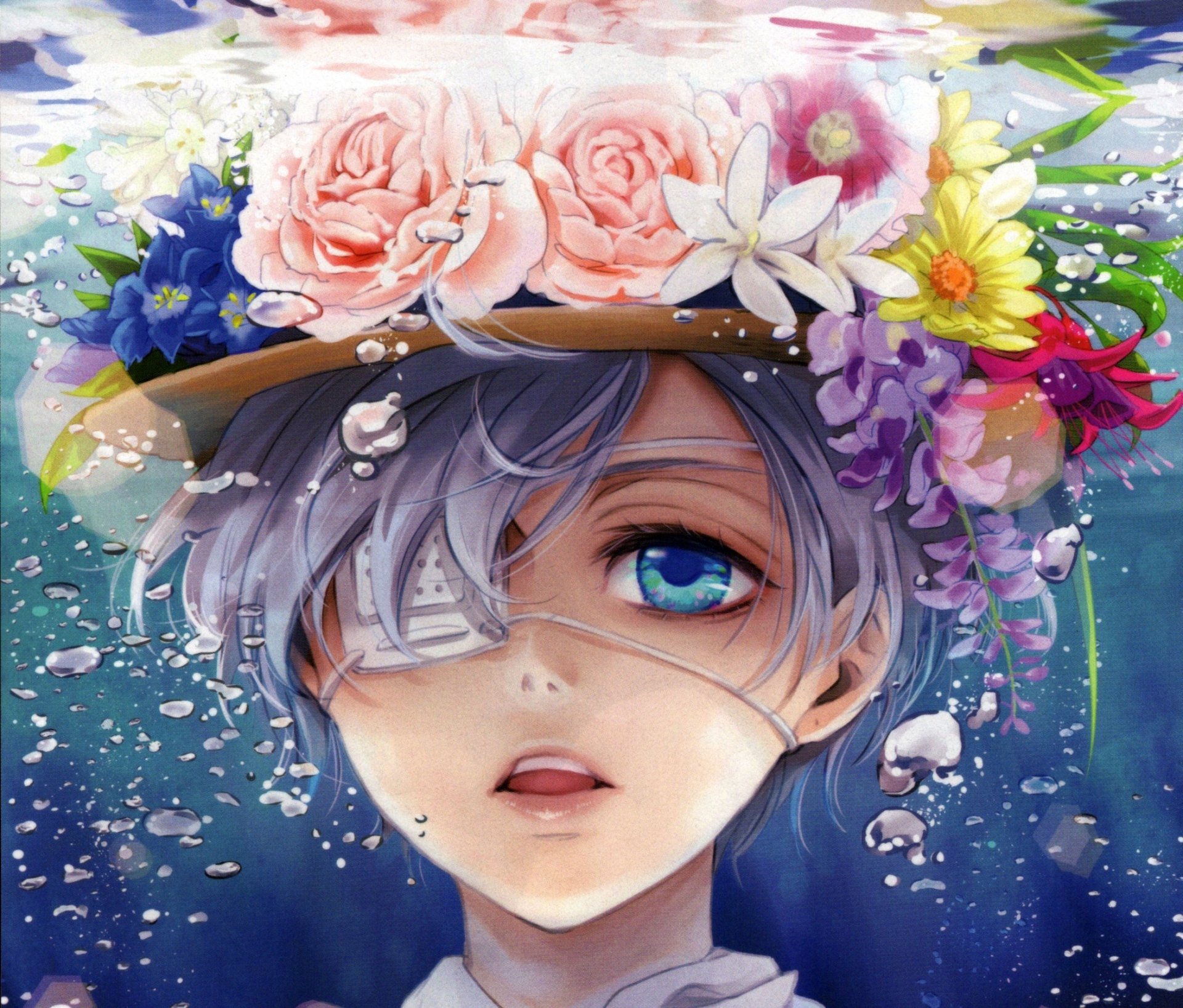 arte anime kuroshitsuji maggiordomo scuro ciel phantomhive fidanzato cappello fascia fiori sott acqua bolle rose