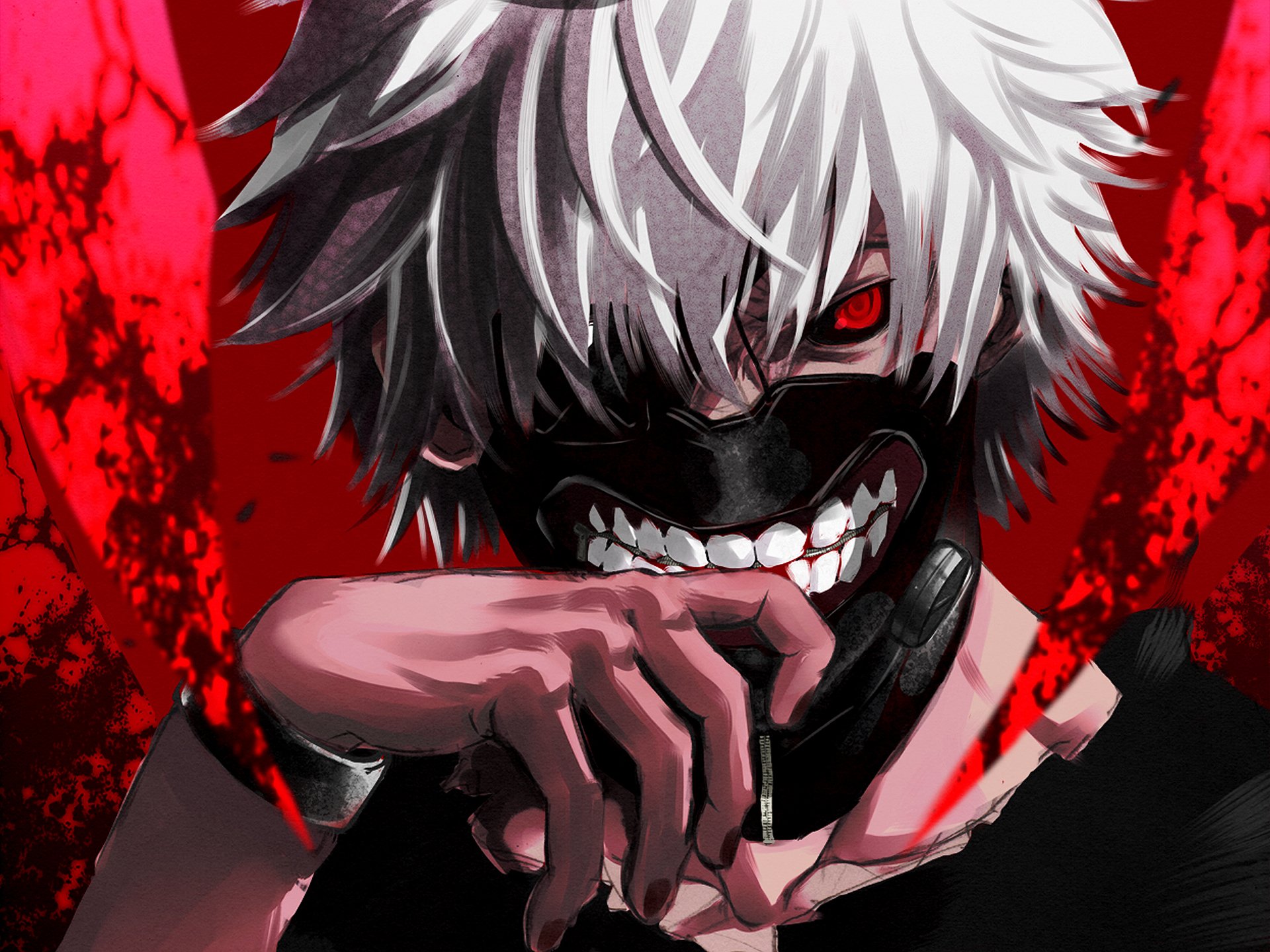 tokio ghul tokyo ghoul kaneki ken kaneki ken maska czerwone oko białe włosy anime