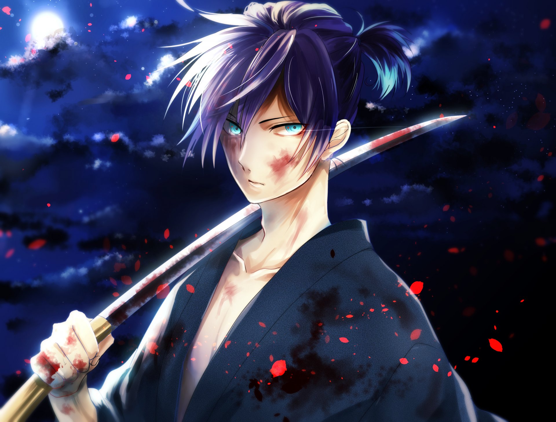 art hkm hsk10 anime noragami yato guy katana blood moon sky clouds night kimono weapon