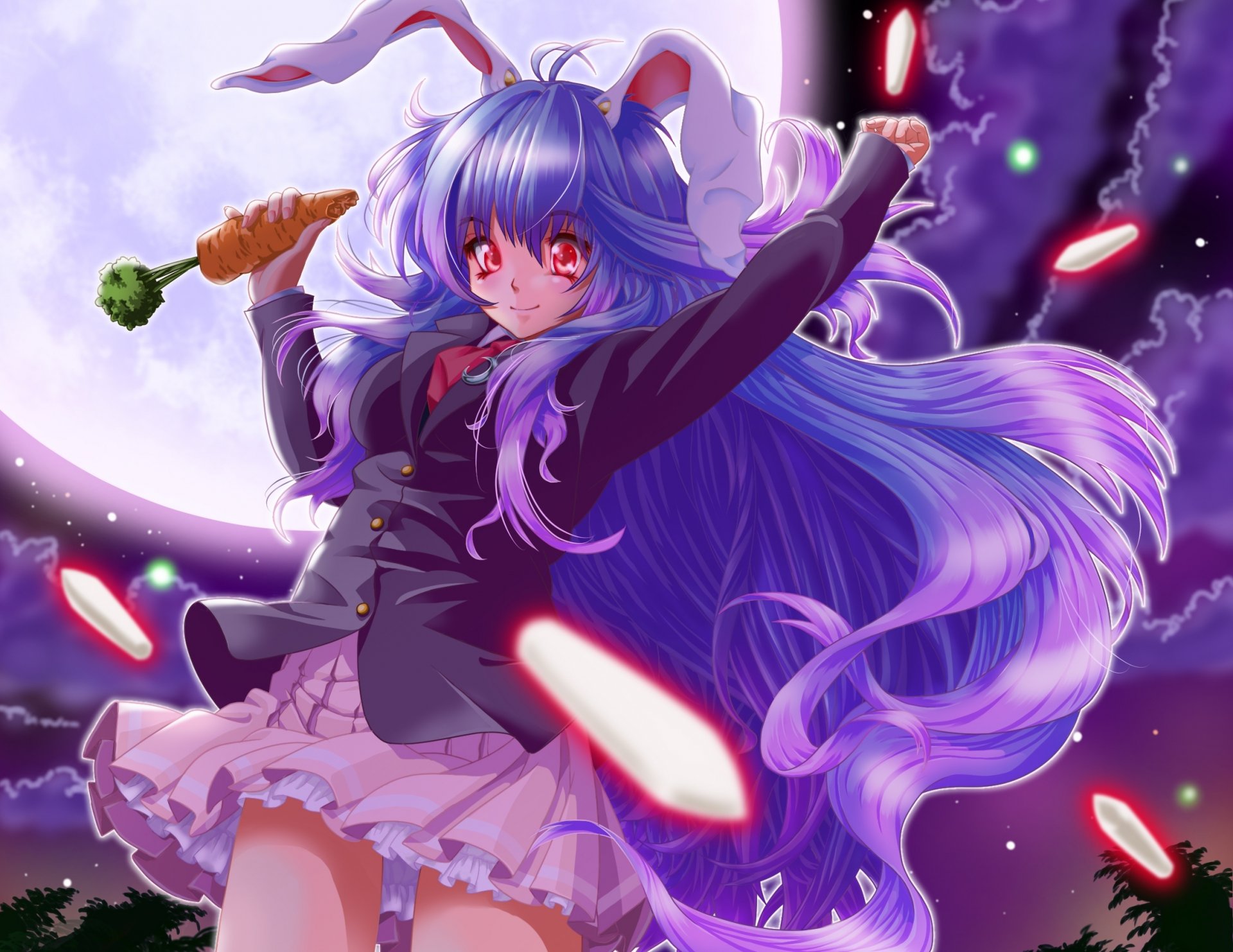 арт urufu touhou reisen udongein инаба девушка ушки луна морковка ночь небо облака звезды аниме