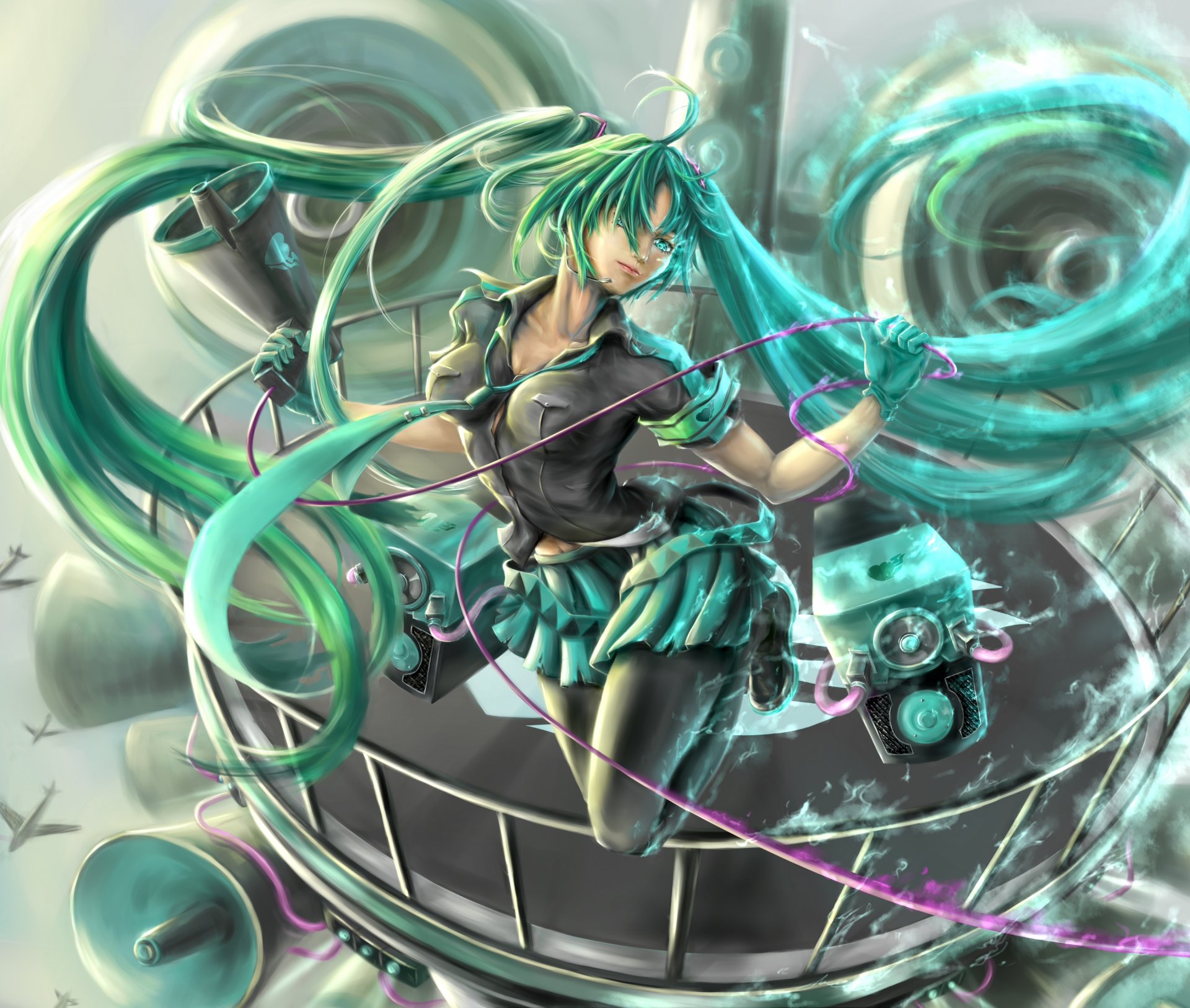 art zhongjian fuquan fille hatsune miku regard sourire haut-parleurs corne avions vocaloid vocaloid