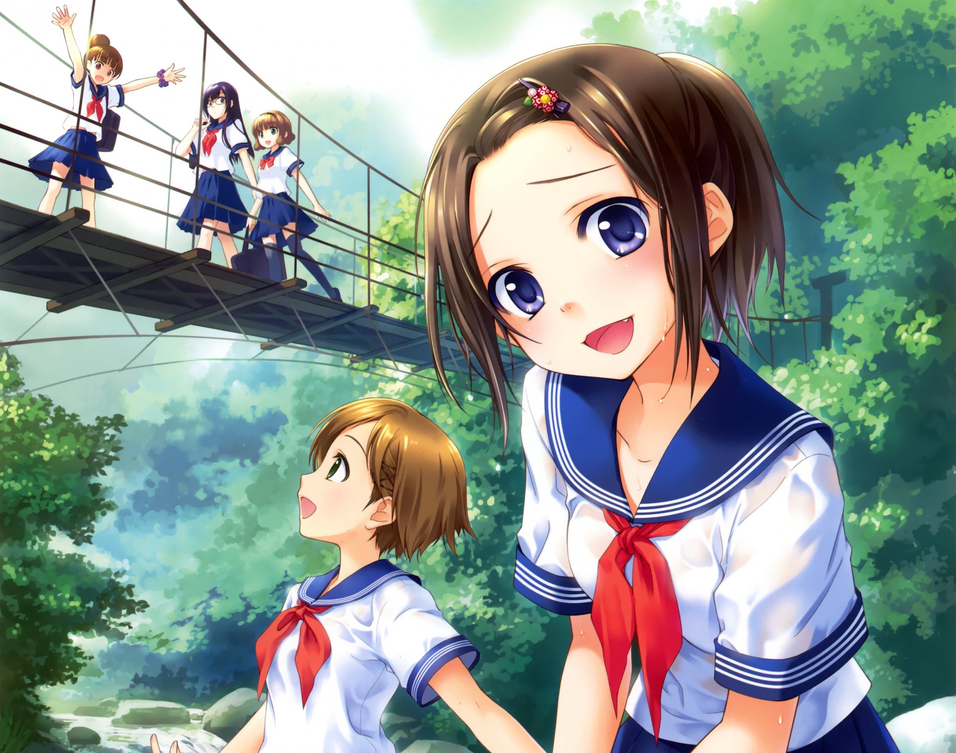 arte ginta chicas colegialas agua puente árboles cielo nubes horquillas anime