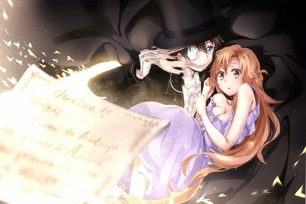 Изображение в стиле аниме парня и девушки за листом с магическими буквами