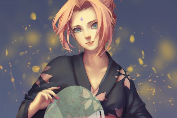 Anime. Haruno Sakura z wachlarzem