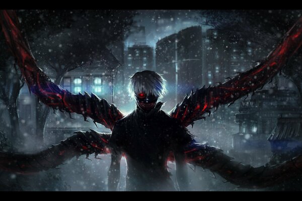 Anime kaneki. Ein Typ mit Tentakeln mit weißen Haaren in einer dunklen Nacht