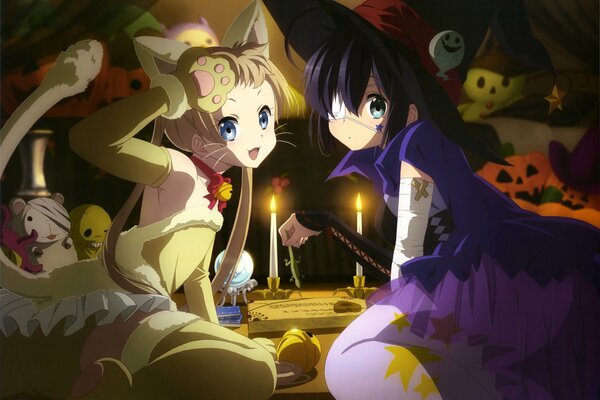 Image d anime avec des filles mignonnes sous la forme d une sorcière et un chat