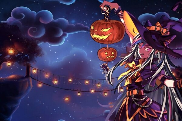 Witch girl her hat lanterns