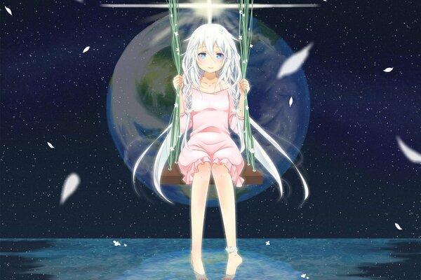 Anime beauty on a swing