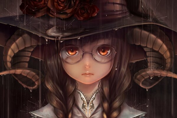 Chica con gafas y cuernos de pie bajo la lluvia