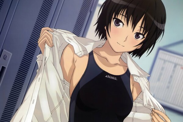 Ein Leckerbissen von Ai Nanasaki im Badeanzug. Amagami ss Ai Nanasaki bikini. Anime Mädchen in einem Badeanzug und einem weißen Hemd. Anime-Mädchen mit kurzen Haaren.