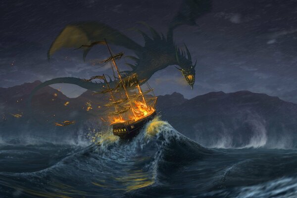 Dragon attaque navire en mer