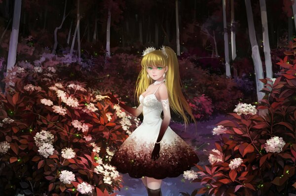 A girl in the night forest among flowers