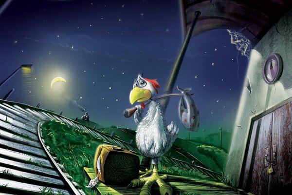 Il fait nuit. Poule solitaire sur le chemin de fer