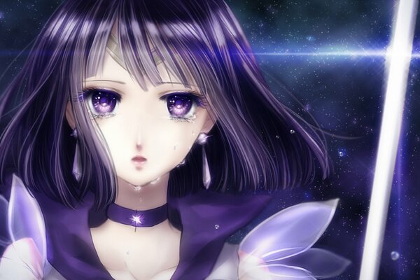 Sailor Saturn płacze i trzyma miecz