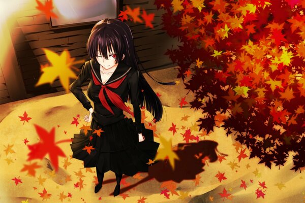 Chica en hojas de otoño anime