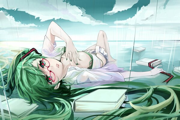 Mädchen mit grünen Haaren in Gläsern. Anime