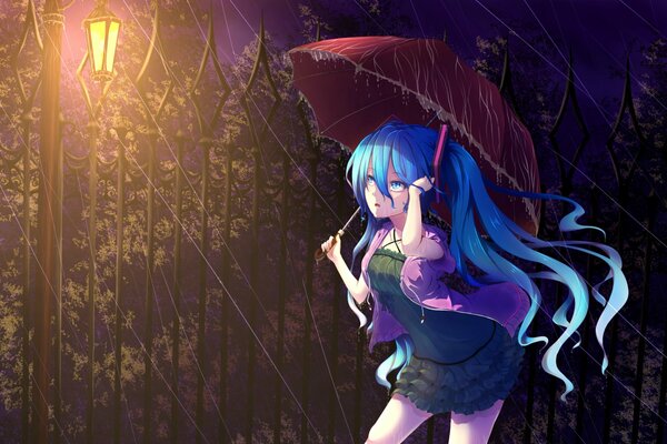 A girl with blue hair stands under an umbrella in the rain