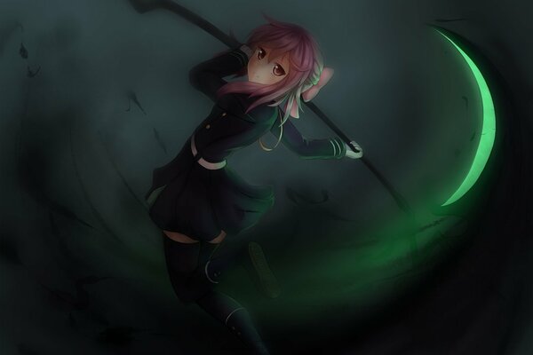 Anime girl in green with a scythe